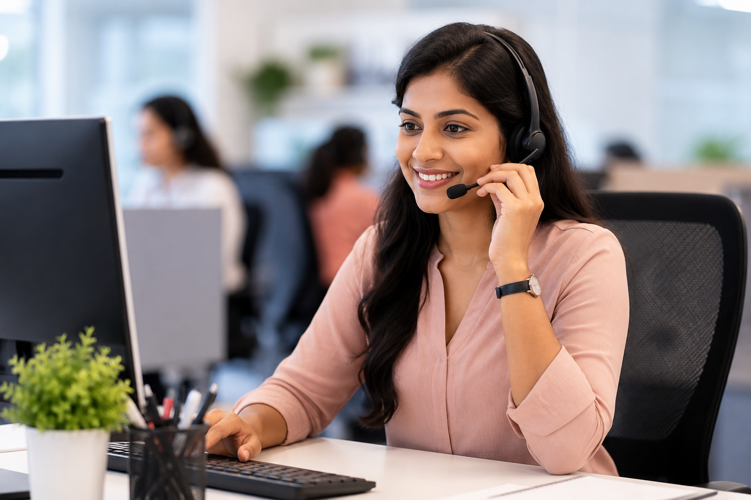 Customer support agent with headset